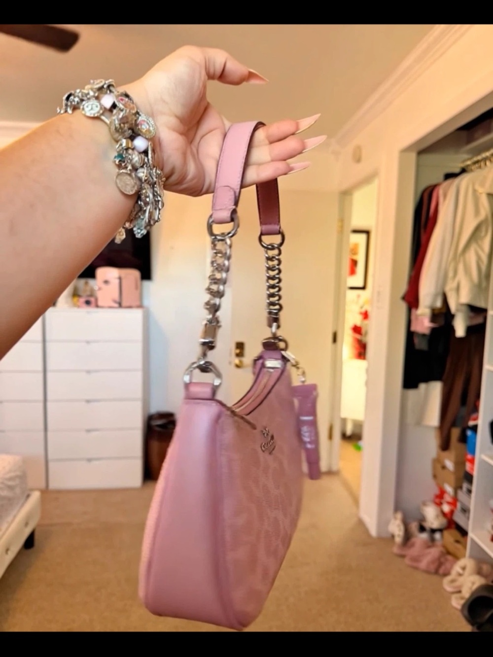 Coach Pink Leather Shoulder Bag with Chain-Strap Handles